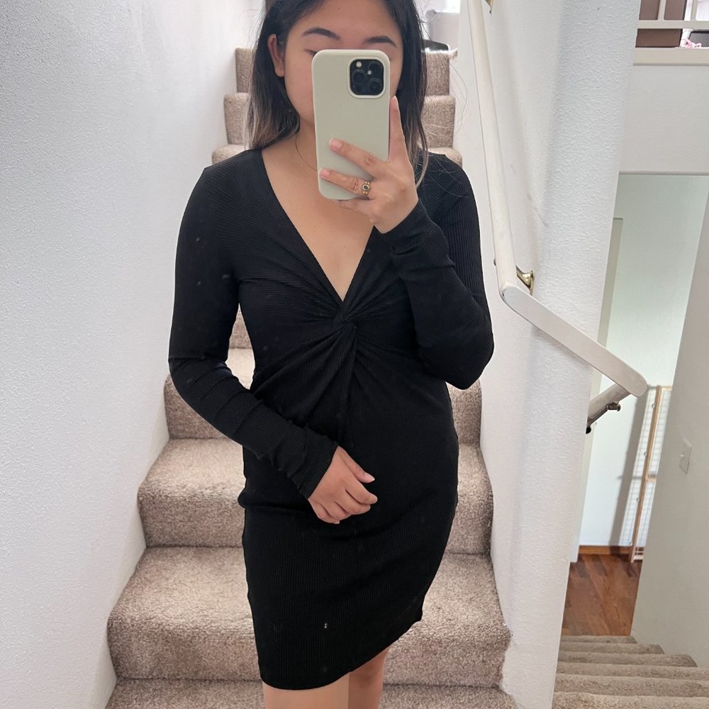 Topshop Black Ribbed Twist Neckline Mini Bodycon Dress US 6